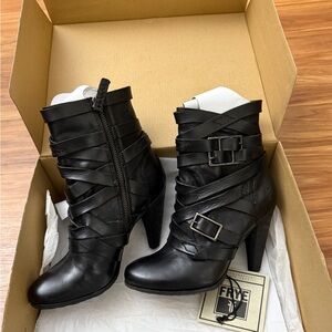 Frye Mikaela Black Strappy Heeled Boots
